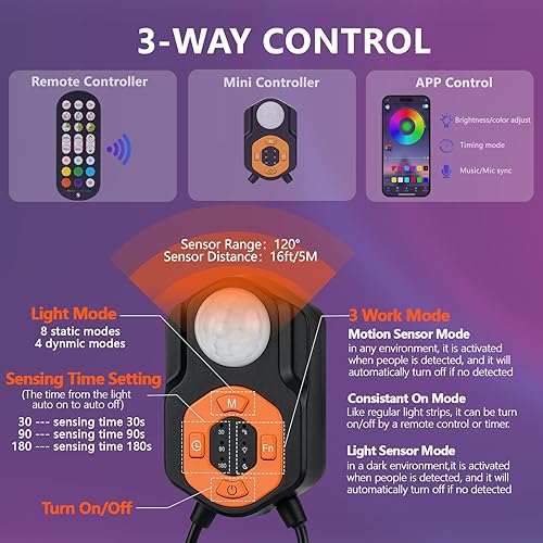 Miniatura 5 de Tira de luces LED activadas por movimiento de 9.8 pies x 2, 3 modos de luces LED RGB regulables para cama con control remoto y temporizador,