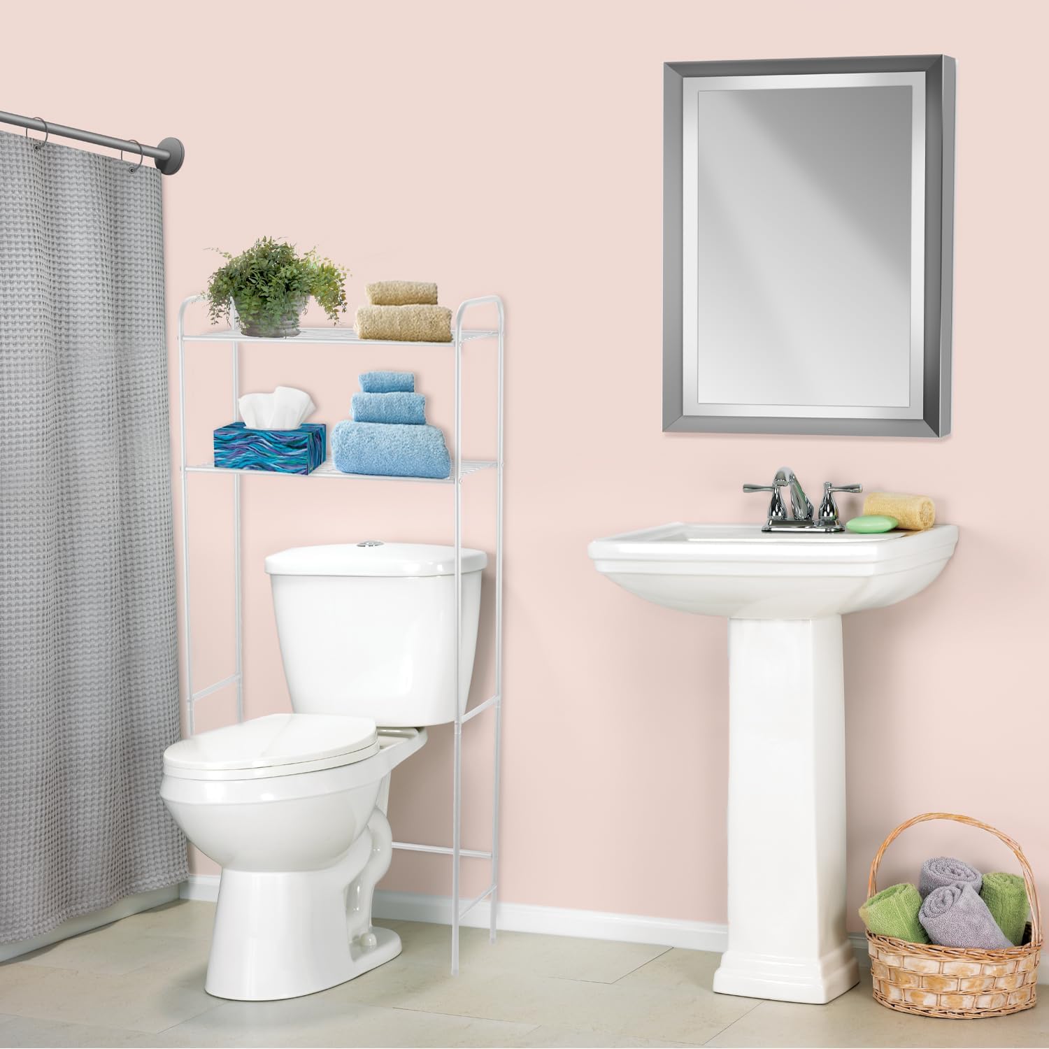 Home Basics 2 Tier Over The Toilet Bathroom Space Saver, Metal Bathroom Shelf Storage Unit, Anti-rust, White