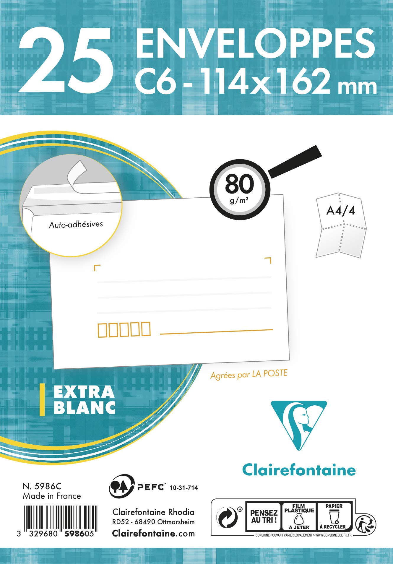Clairefontaine 5986C koperty x25 C6 114x162 mm 80 g, białe