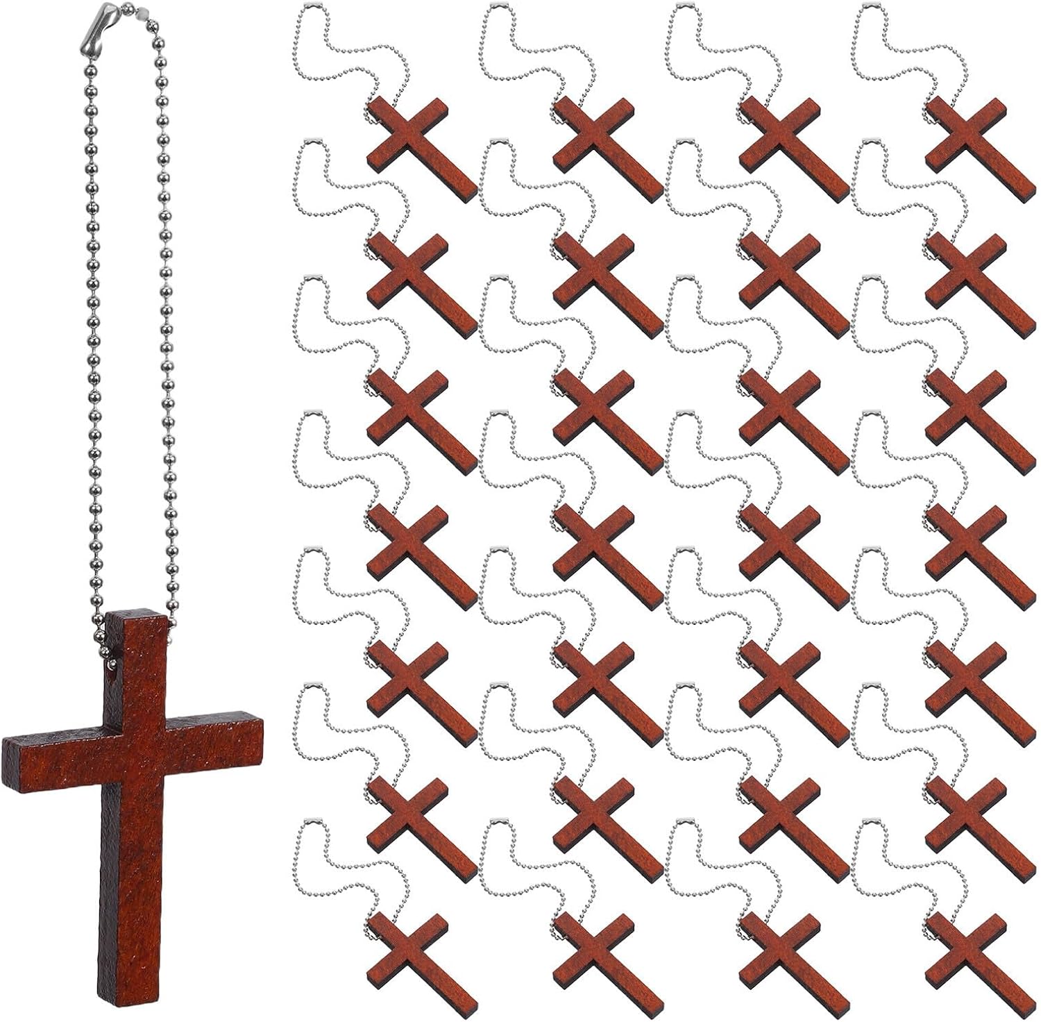 50 Sets Natural Wood Cross Pendant Charms with Stainless Steel Chain, Portable and Easy to Hang Car Mirror Ornaments for Christmas Decorations, Classic Cross Shape for Men