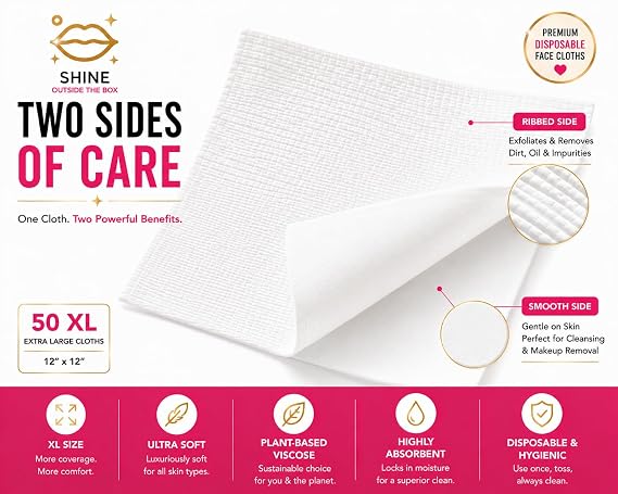 XL Disposable Face Towels 50 Count Ultra-Soft Lint-Free Dry Facial Wipes, 100% Viscose Towels for Skincare, Makeup Removal & Sensitive Skin