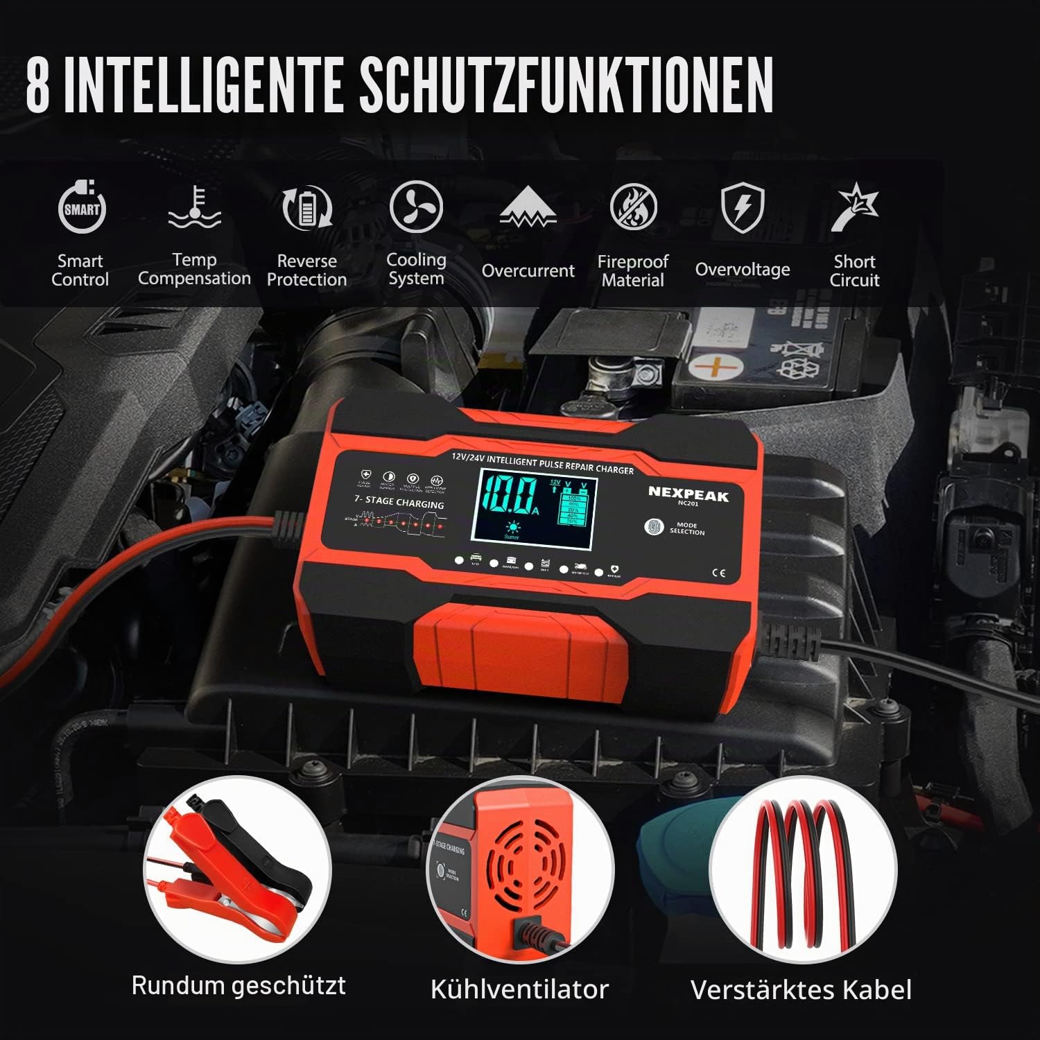 NEXPEAK 10 A KFZ-Batterieladegerät, 10 A, 12 V/5 A, 24 V, intelligentes Akku-Ladegerät, mit LCD-Display für Motorrad LKW / AGM / Gel / Wet/SLA