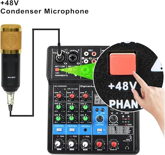 Audio Mixer, 4 Channel Sound Mixer Function 24 DSP Effect USB Computer Record Play Live Broadcast Mixing Console