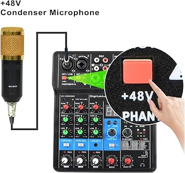 Audio Mixer, 4 Channel Sound Mixer Function 24 DSP Effect USB Computer Record Play Live Broadcast Mixing Console