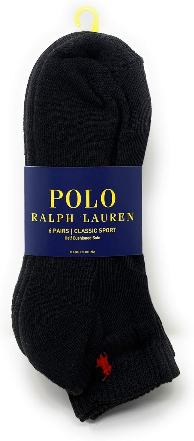 Ralph Lauren Polo Classic Sport 6 Pack half Cushioned sole Men's Socks (Black with Red Horse)