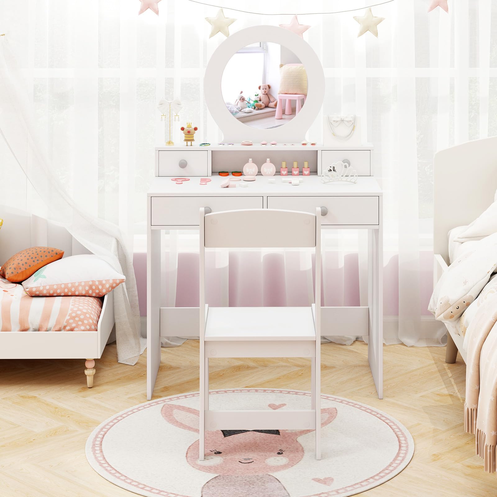GOPLUS Tocador para Niñas, Tocador Infantil con Espejo, Silla, 4 Cajones, Compartimento Abierto, Mesa de Maquillaje para Niñas, Regalo para Niños de 3+ Años