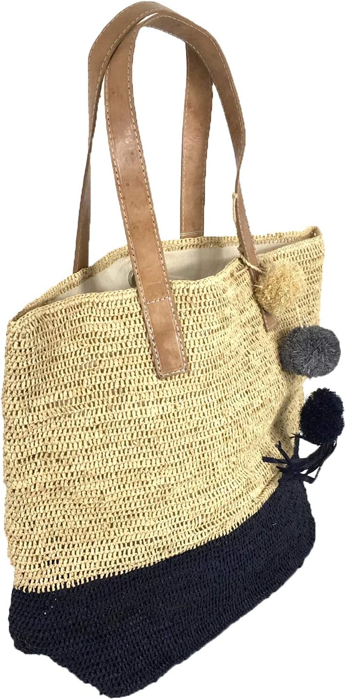 MAR Y SOL Montauk Large Raffia Tote, Crocheted Colorblock Bucket Bag for Women, Sustainable Carryall with Leather Handles