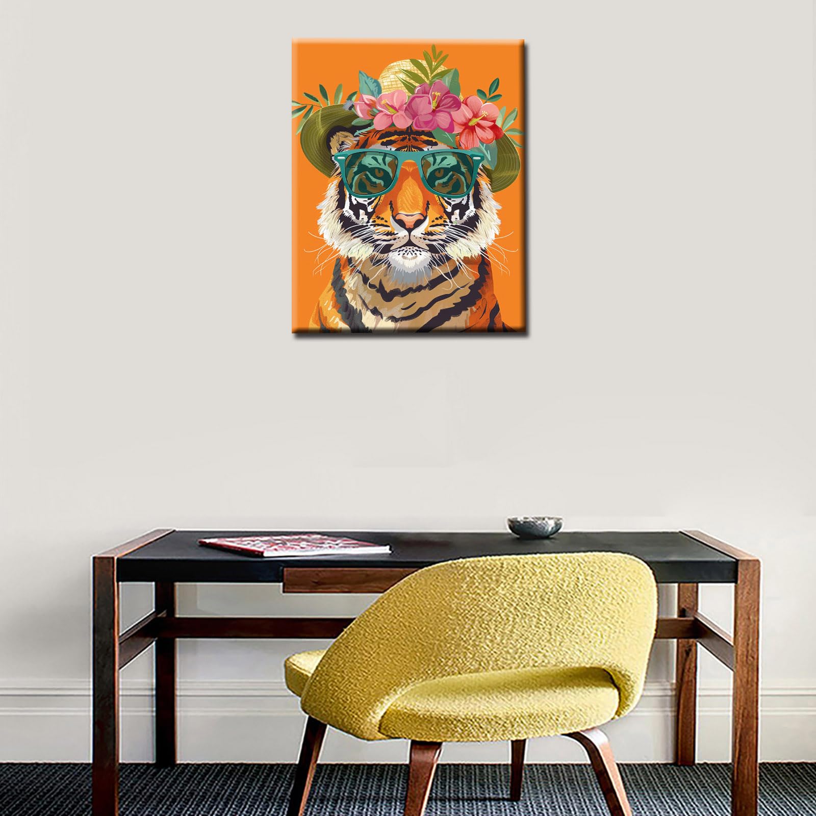 Walarky Cute Animal Poster Prints Artwork Tiger Wear Shades and Flowers Straw Hat 1P Canvas Room Wall Creative Pictures Home Decor for Living Room Framed Gallery-Wrapped Ready to Hang 16x24inch - Image 4