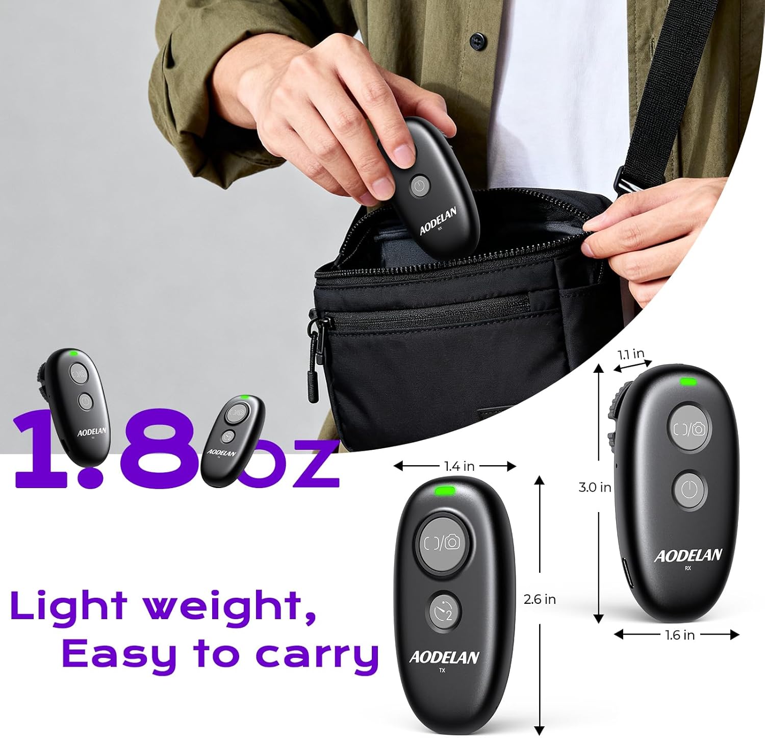 Image showing the compact size and light weight of the AODELAN remote control, with dimensions of 3.0 inches by 1.6 inches for the receiver and 2.6 inches by 1.4 inches for the transmitter, weighing 1.8 ounces.