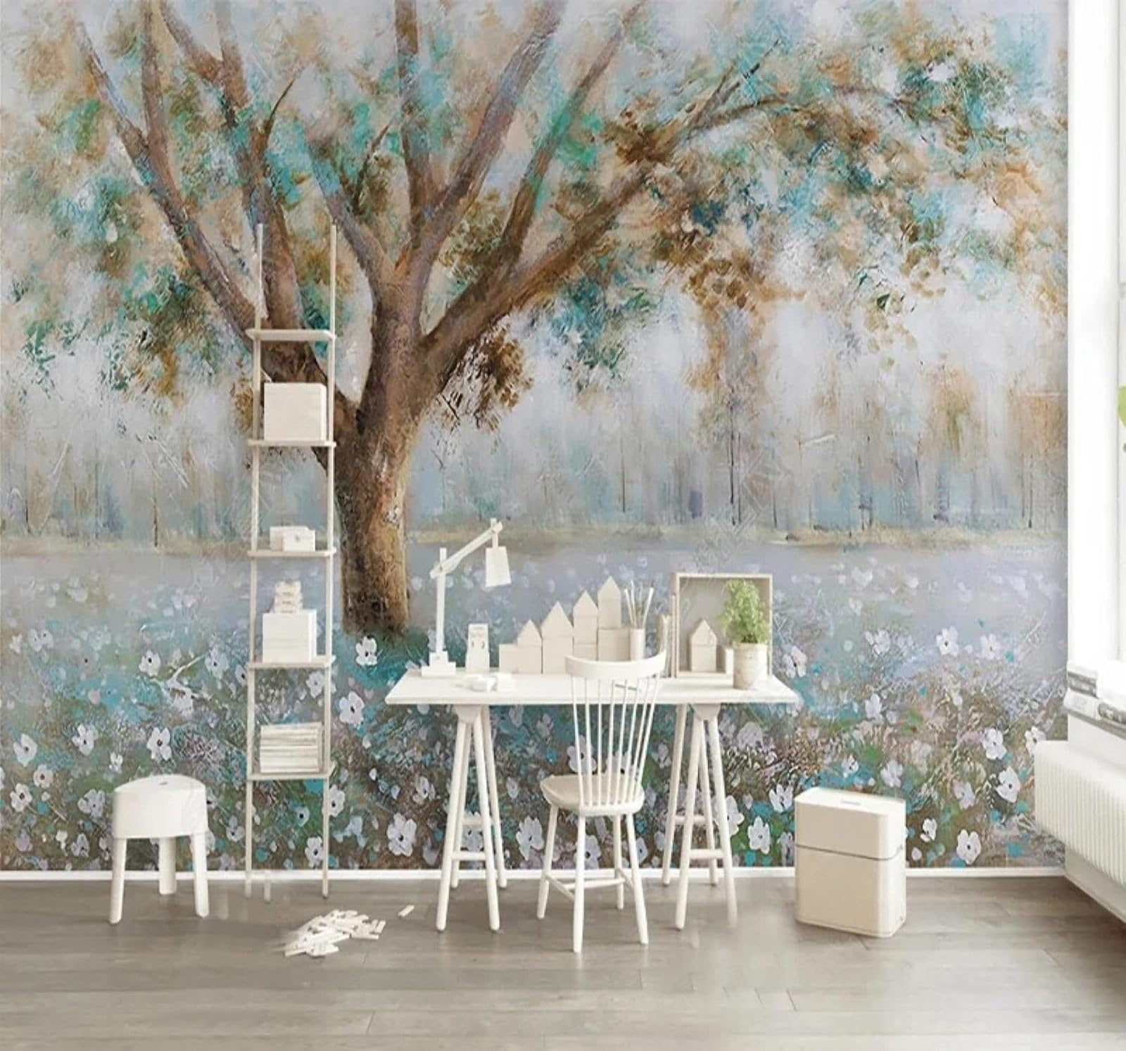 XLMING Retro Hand Drawn Trees Wildflowers Landscape 3D Wallpaper Luxury Silk Study Dining Feature Sofa Grey Bedroom Living Room Tv Decorative Wall-150cm×105cm