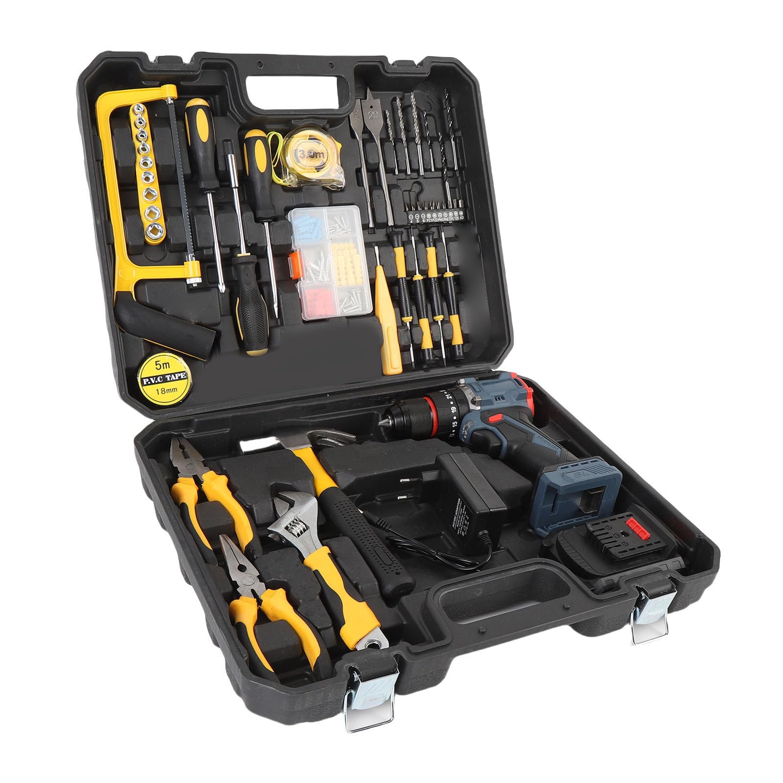 Oumefar Kit de Herramientas de Taladro Inalámbrico 1500 Rpm 25 Engranajes de Torsión Multifuncional Li Destornillador Eléctrico con Batería y Juego de Taladro para Reparación Mant (Enchufe europeo)