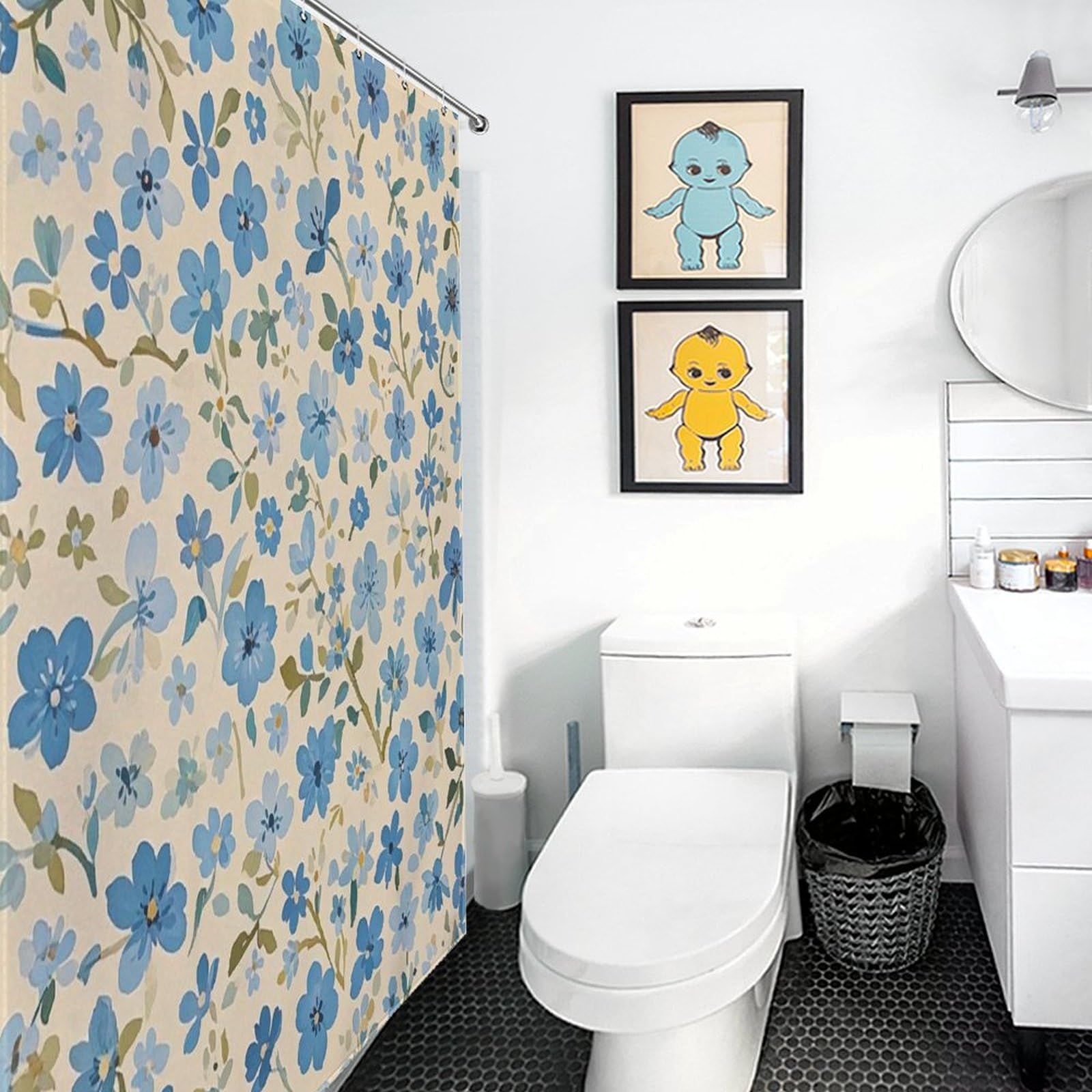 Rideau de douche anti-moisissure tissu imperméable fleurs bleues 183x183