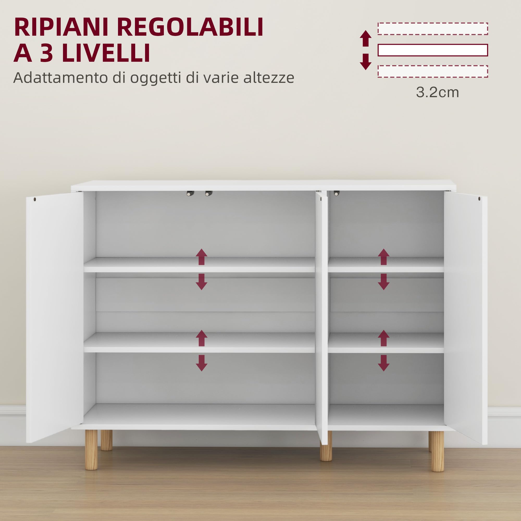 HOMCOM Credenza Moderna con 2 Armadietti a 3 Ripiani, Mobile Multiuso in Legno, 107x40x80 cm, Bianco