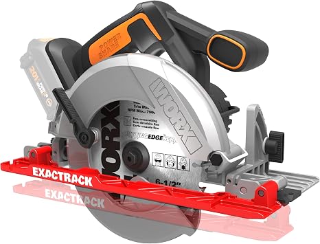 WORX Cordless Circular Saw, 20V 6-1/2-Inch ExacTrack, WX530L.9 | Battery not included, ExacTrack Guide for Straighter Cuts, 0-50 Degree Bevel Capacity and 4,900 RPM, PowerShare