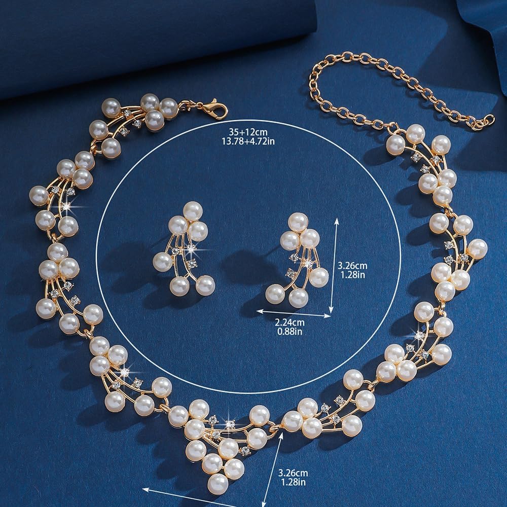 Pearl Beads Gold Necklace with Earrings for Women Wedding Bridal Vintage Jewelry Set - Image 3