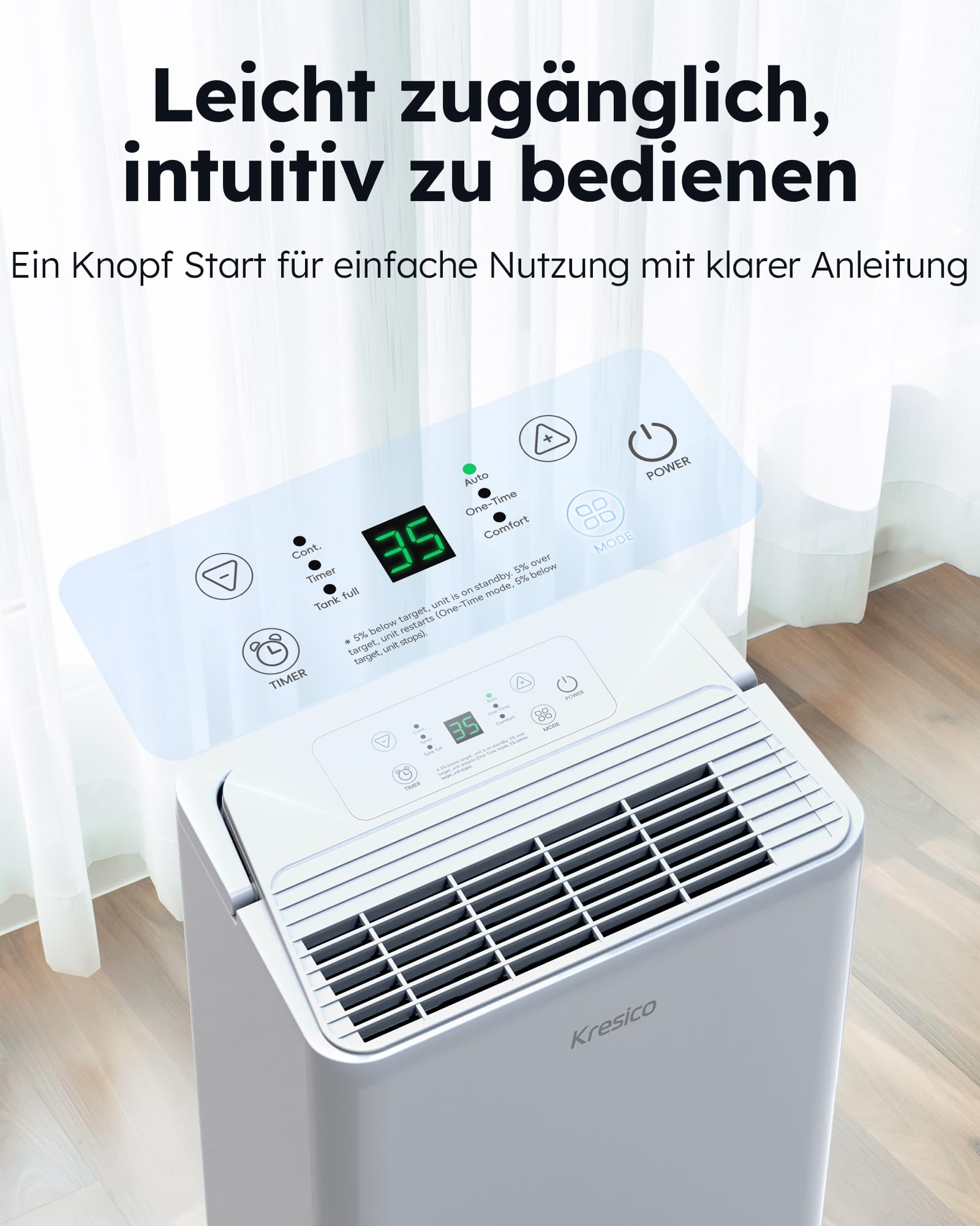 Kresico xWolei Luftentfeuchter elektrisch 12L/24h 35dB 122m³ 25m² R290