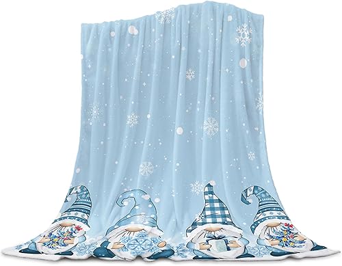 Manta azul de Navidad, manta de vellón de gnomos con regalos, copo de nieve, árbol de Navidad, manta suave y mullida de microfibra acogedora y