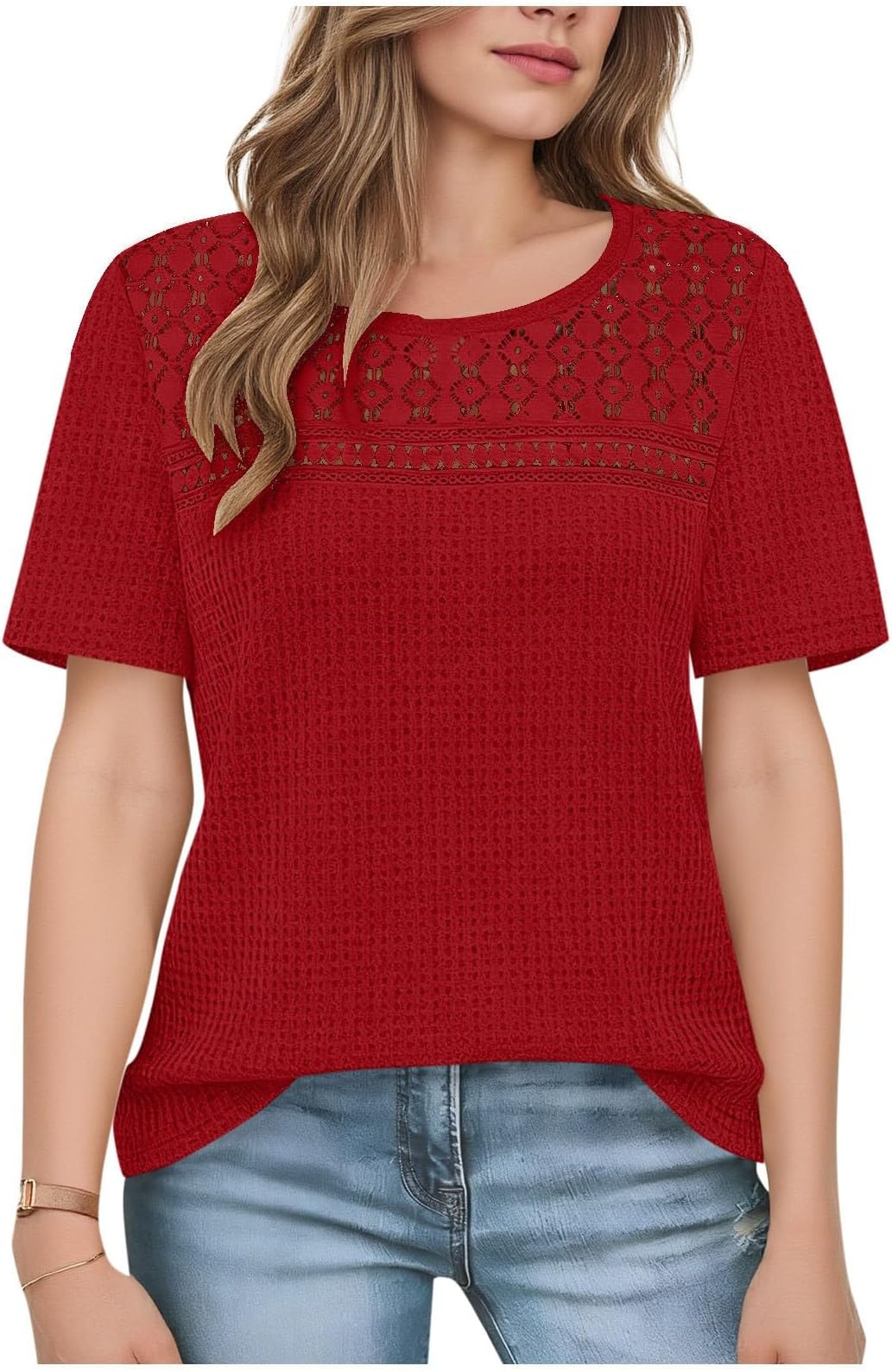 Shirt for Women 2026 Dressy Casual Short Sleeve Tops Boho Crochet Lace Waffle Knit Plus Size Work Fashion Clothing