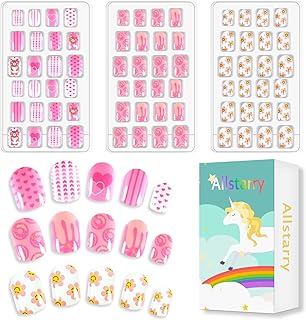 Allstarry 72pcs 3 pack Children Nails Press on Pre-glue Full Cover Bear Sunflower Doughnut Short False Nail Kits Lovely Gift for Children Little Girls Nail Art Decoration - Pink Party