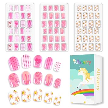 Allstarry 72pcs Kids Nails Press on Pre-glue Pink Party Fake Nails | 3 Pack Full Cover Bear Sunflower Doughnut Short False Nail Kits Lovely Gift for Children Little Girls Nail Art Decoration