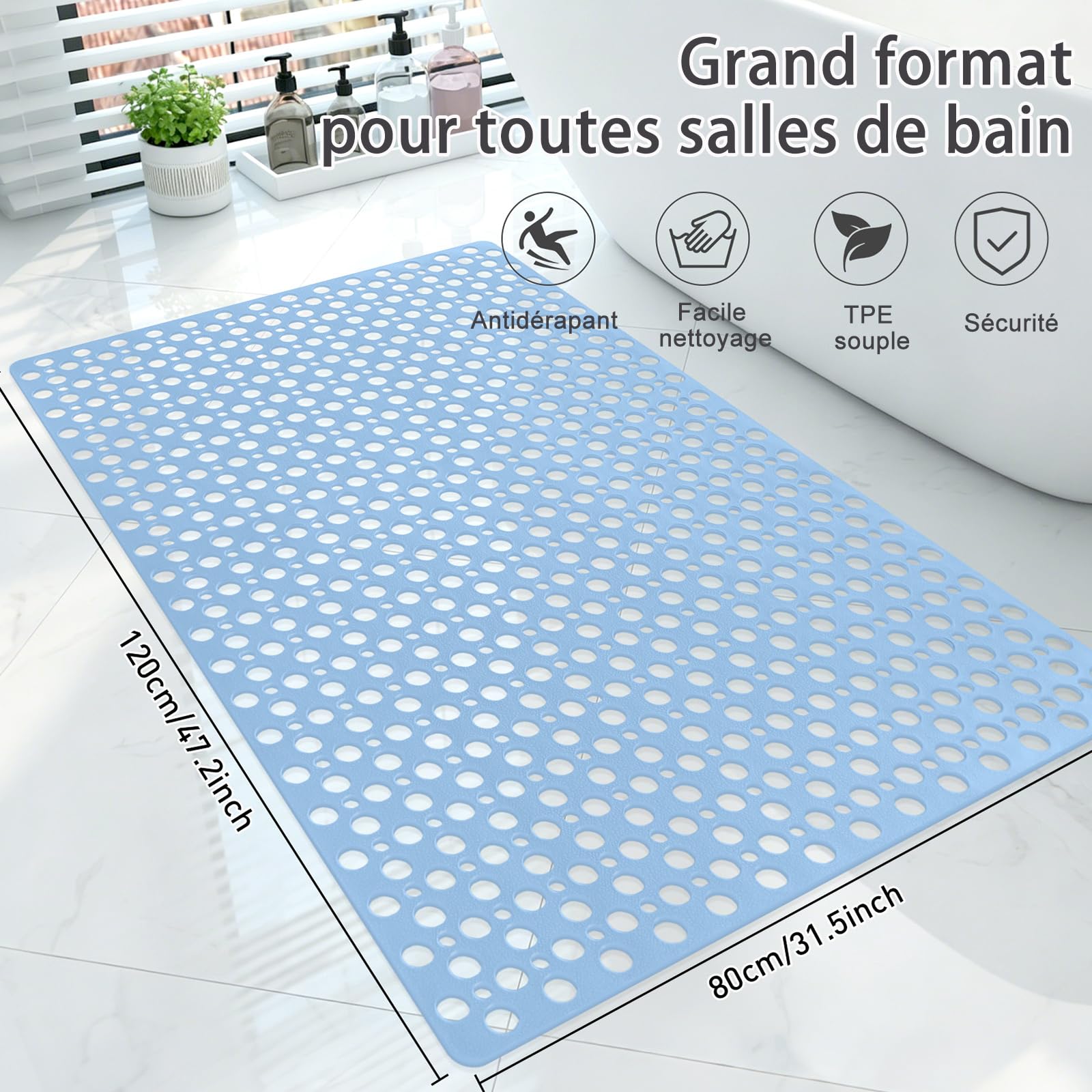 Tappetino doccia antiscivolo, 80 x 120 cm, tappetino da bagno con ventose, tappetino da bagno con fori di scarico, grande tappetino antiscivolo in TPE ad asciugatura rapida (grande blu, 120 x 80 cm)