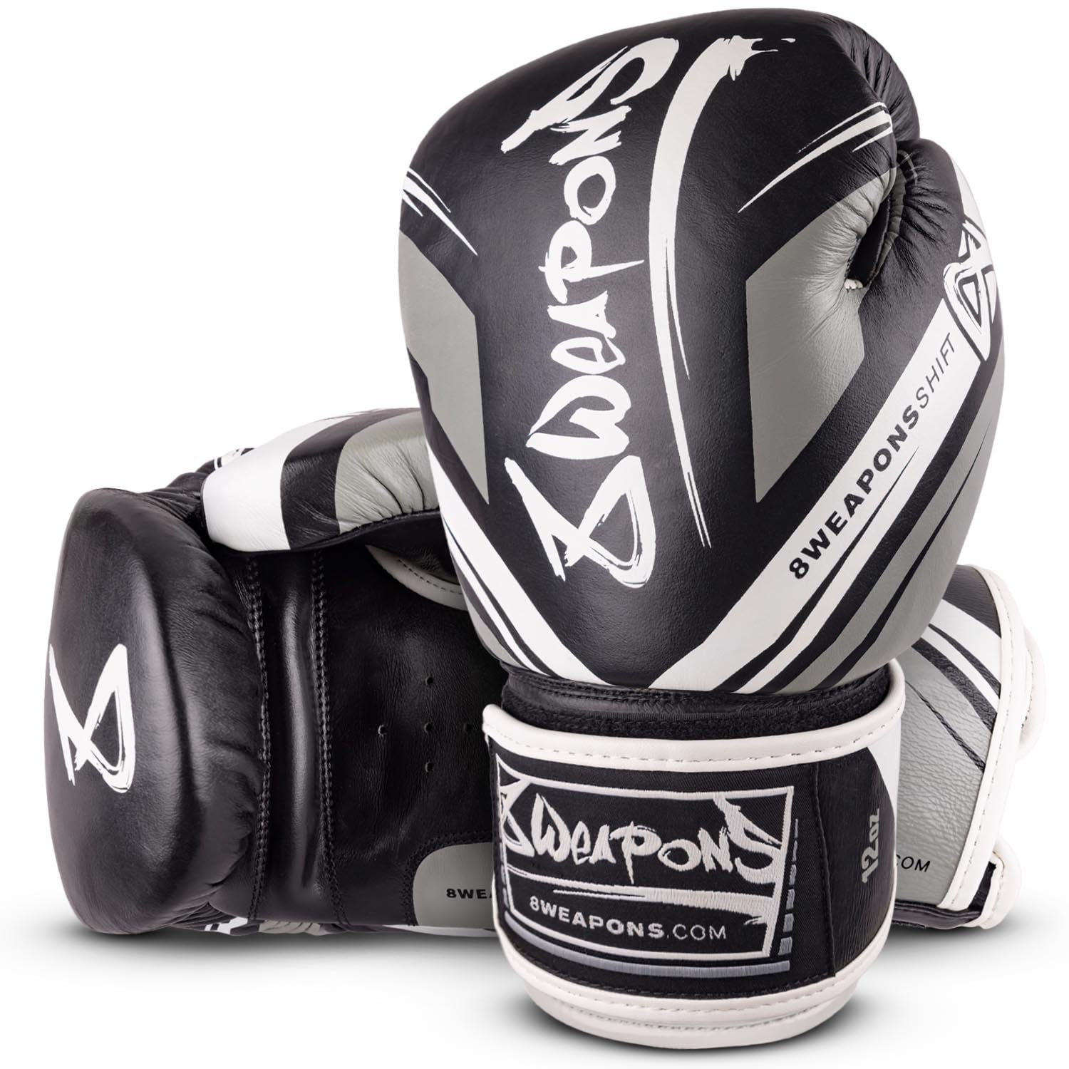 8 WEAPONS Boxhandschuhe Shift, Schwarz-weiß, Training, Sparring & Wettkampf, Leder, Perfekte Dämpfung & stabile Nähte, Handschuhe für Muay Thai, K1, Boxen, MMA und Kickboxen