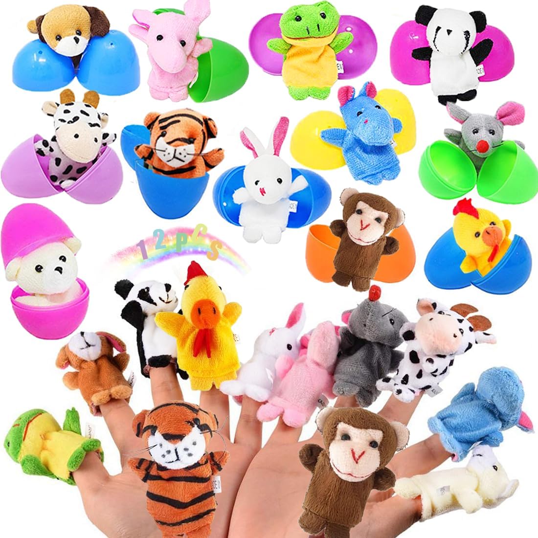 UMEELR Easter Fillable Eggs with Animals Finger Puppets, Basket Stuffers, Kids Party Favor School Classroom Rewards, Egg Hunt Filler 12 Pack