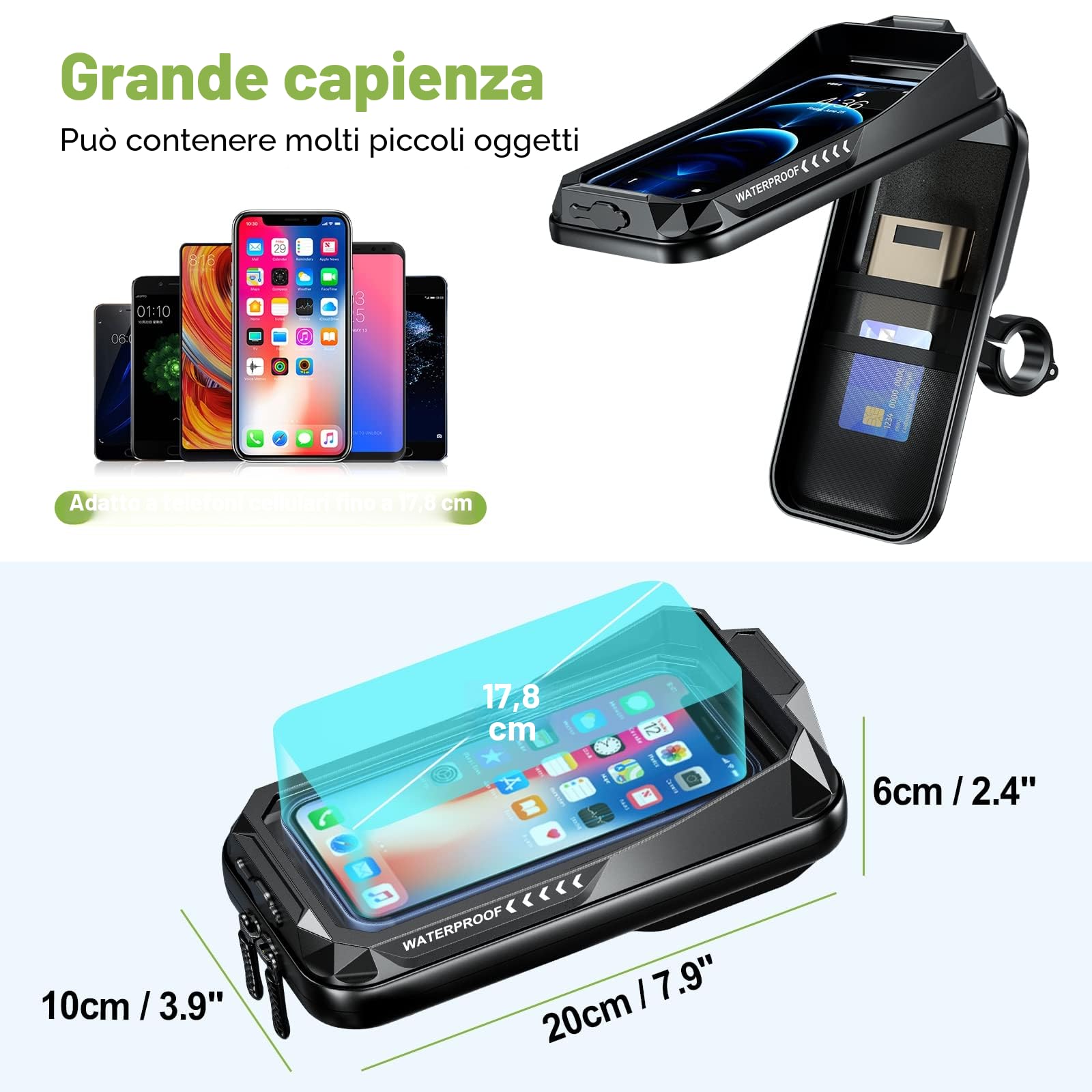 Porta Cellulare Impermeabile, Supporto Telefono Antivibrazione Moto, Scooter con Touch Screen Rotazione di 360° per Smartphone 4.7" a 7.0"