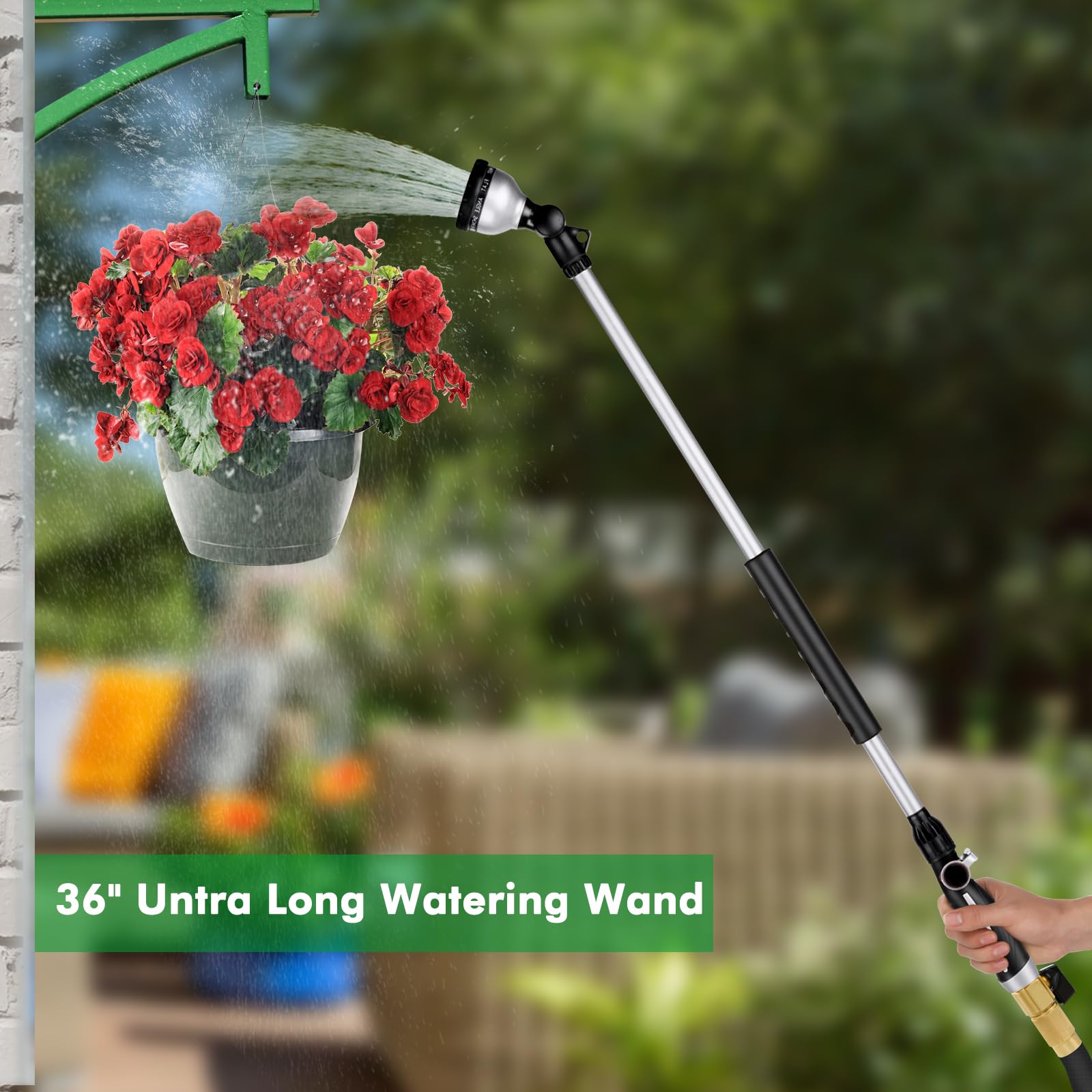 RESTMO Varita de riego de 36 pulgadas de largo, varita de metal para manguera de jardín con cabezal giratorio de 180° y 10 patrones de pulverización, boquilla de manguera resistente con control de