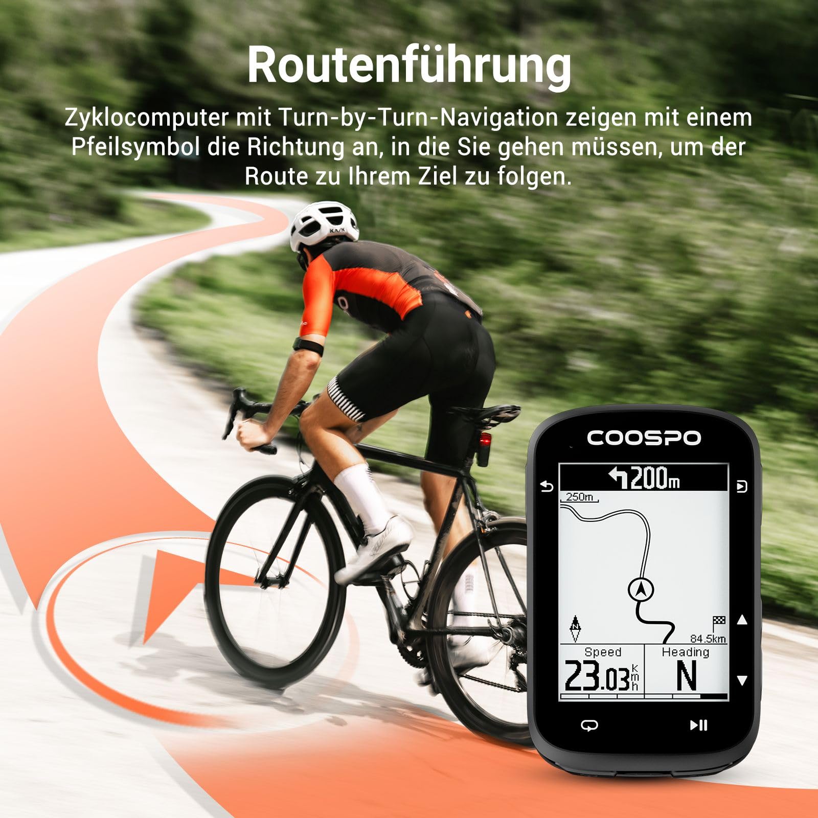 COOPSO CS500 Wireless Bicycle Computer, 2.6 Inch LCD GPS Speedometer Bicycle Navigation Wireless, Bluetooth/ANT+ Ahrrad Computers, Waterproof IPX7, Support Bike Radar & 45H Battery Life