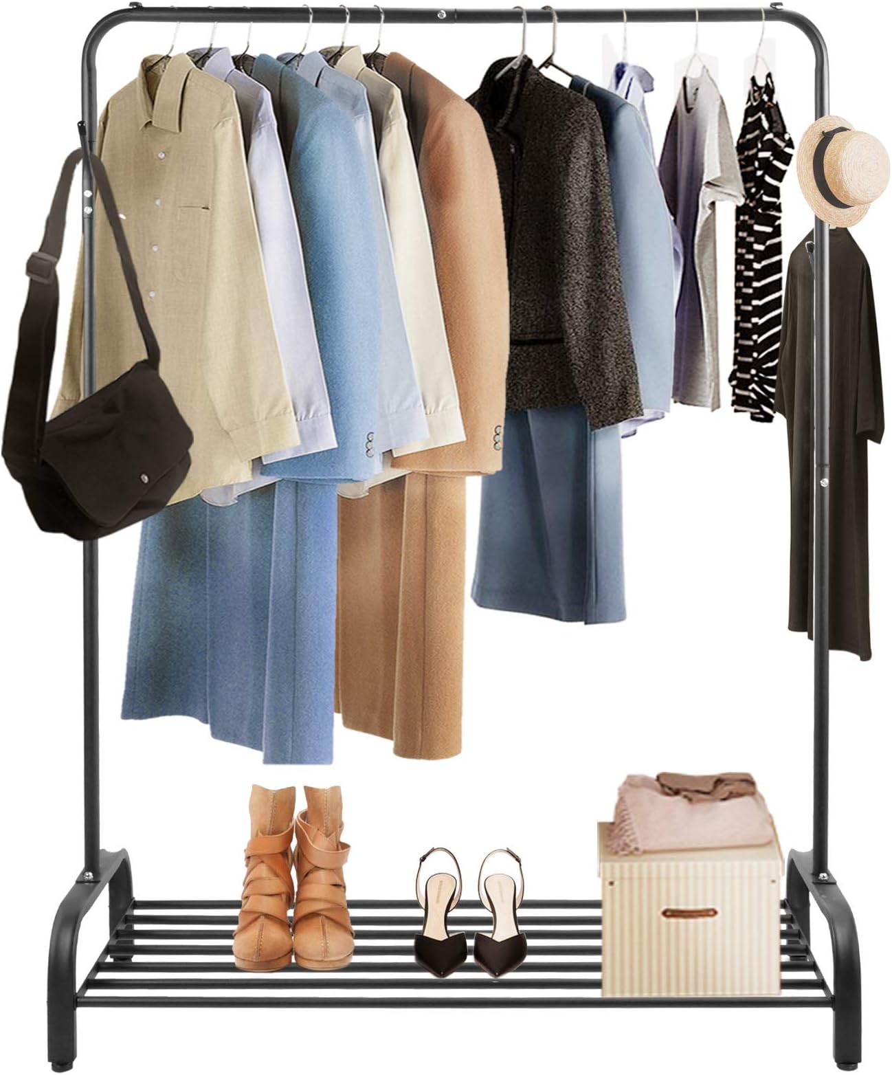 VoilamartHeavy Duty Metal Clothes Rail Stand with Lower Storage Shelf for Shoes Boxes Free Standing Garment Stand Clothing Rail Coat Rack with Hooks for Bags