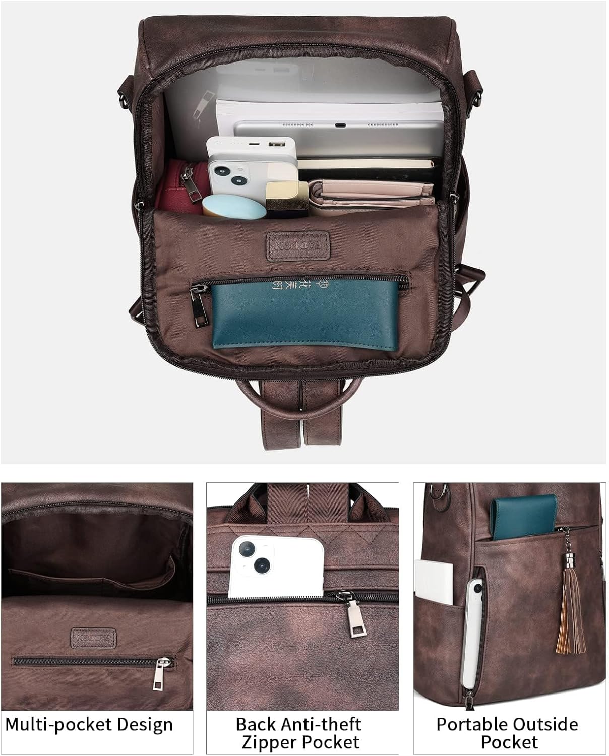 FADEON Leather Backpack Purse for Women Designer Travel Backpack Purses PU Fashion Ladies Shoulder Bag with Tassel - Image 4