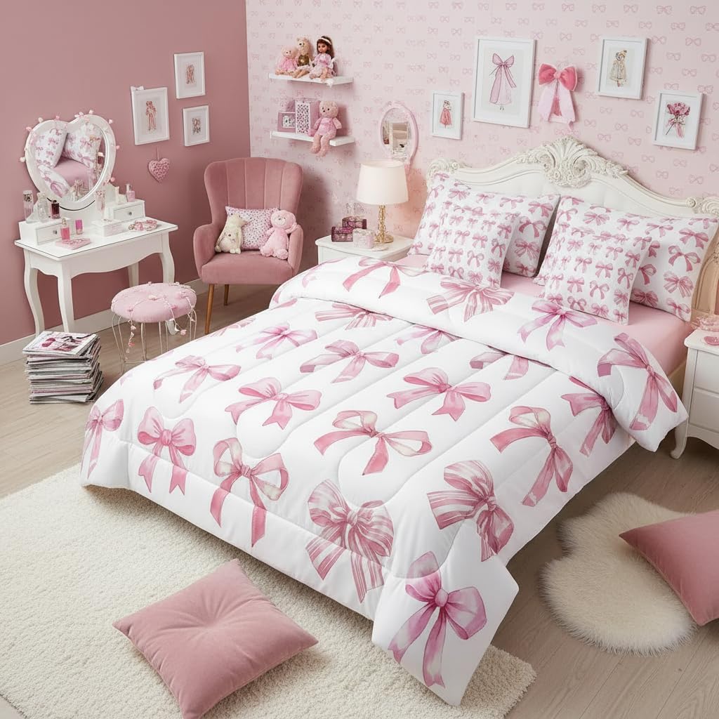 Pink Bowknot 7Piece Comforter Set Queen,Girly Pink Coquette Bedding Sets for Child,Dreamy Princess Style Sheet Set with Comforter,Girlish Cute Bow Bedding Set Cartoon Bow Tie Bed Set Bedroom Decor