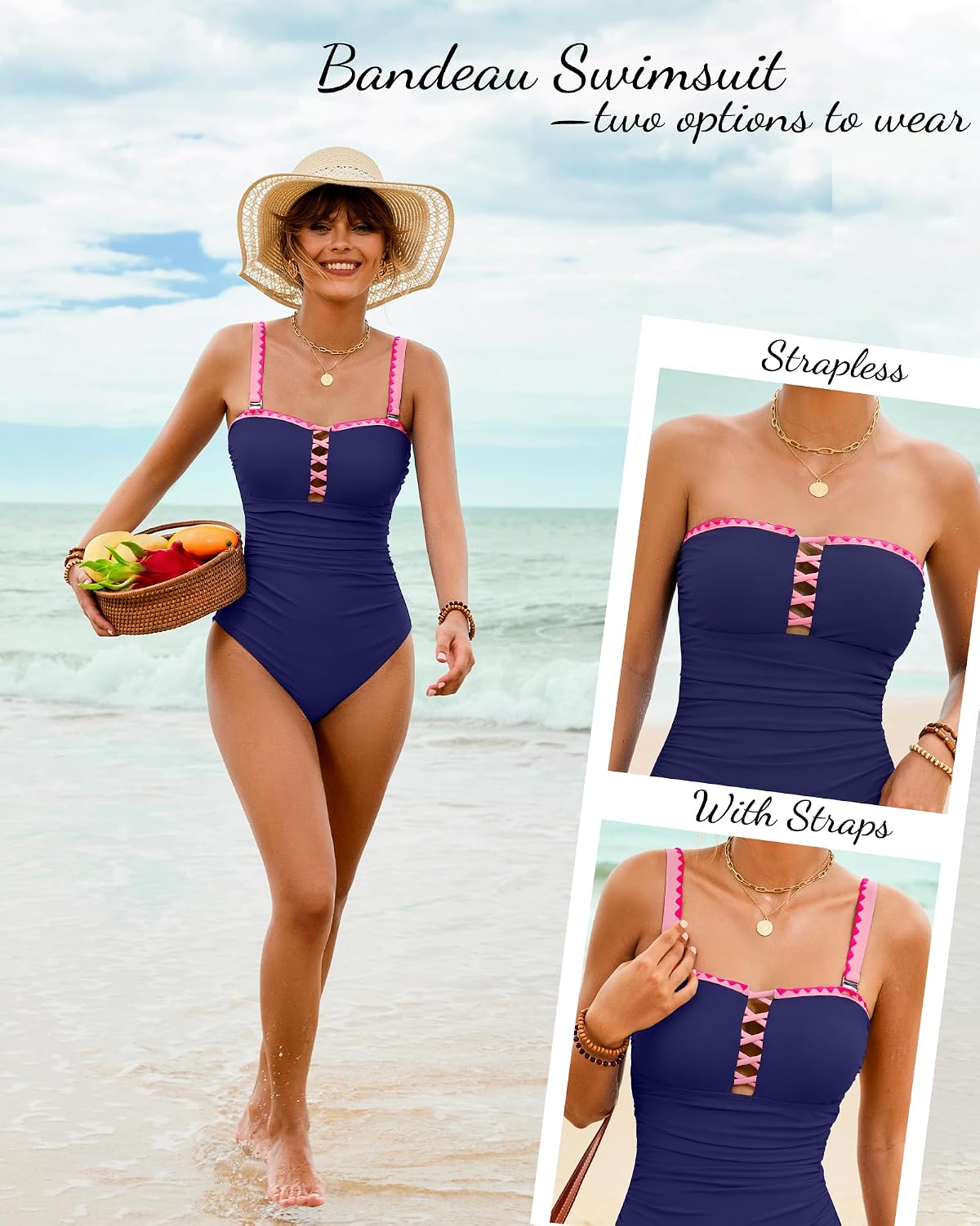 XUNYU One Piece Swimsuit Women Tummy Control Bathing Suit Strapless Bandeau Swimwear Lace Up Slimming Modest Swim Suits 2026