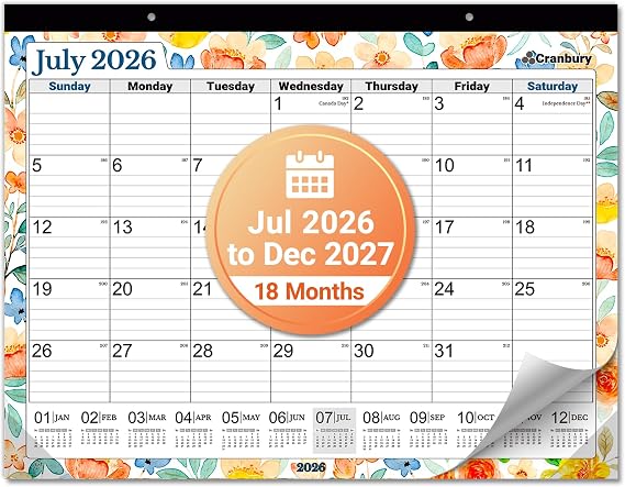 CRANBURY Desk Calendar 2026-2027 22x17, Jul. 2026 to Dec. 2027, Thick Paper, Sturdy Backboard, 18 Months Calendar for School Office Desktop Organizing, Large Wall Monthly Planner with Stickers