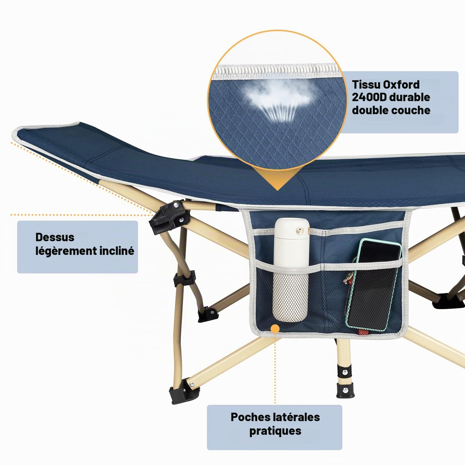 OVERMONT Lit de Camping Pliable - Lit de Tente avec Sac de Transport, Lit de Voyage Portable en Toile Oxford à Double Couche, Léger, pour la Maison, la Sieste au Bureau Jardin la Plage - Bleu