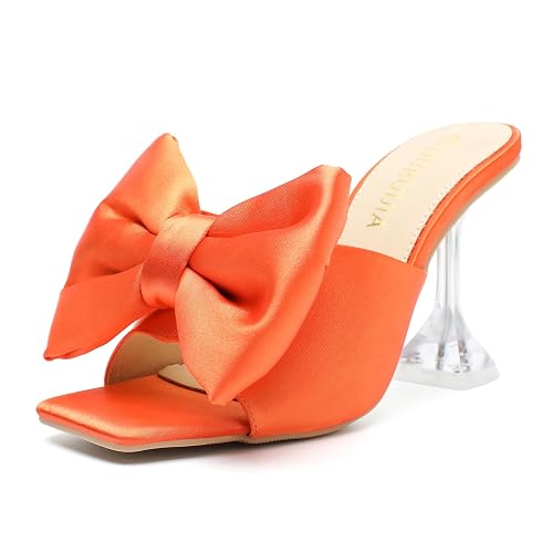 LIURUIJIA Women's Satin Bow Mule Heels, Dressy Heeled Sandals, Square
