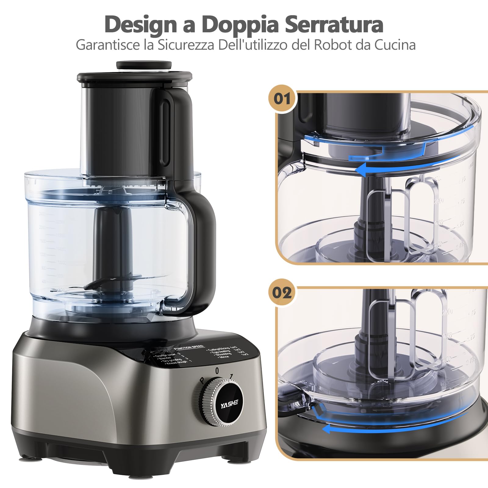 YASHE Robot da Cucina Multifunzione – Frullatore, Impastatrice, Tritatutto, Spremiagrumi, Macchina per Impastare con Ciotola da 2,5L e Caraffa Frullatore da 1,5L, 3 Velocità con Funzione Pulse