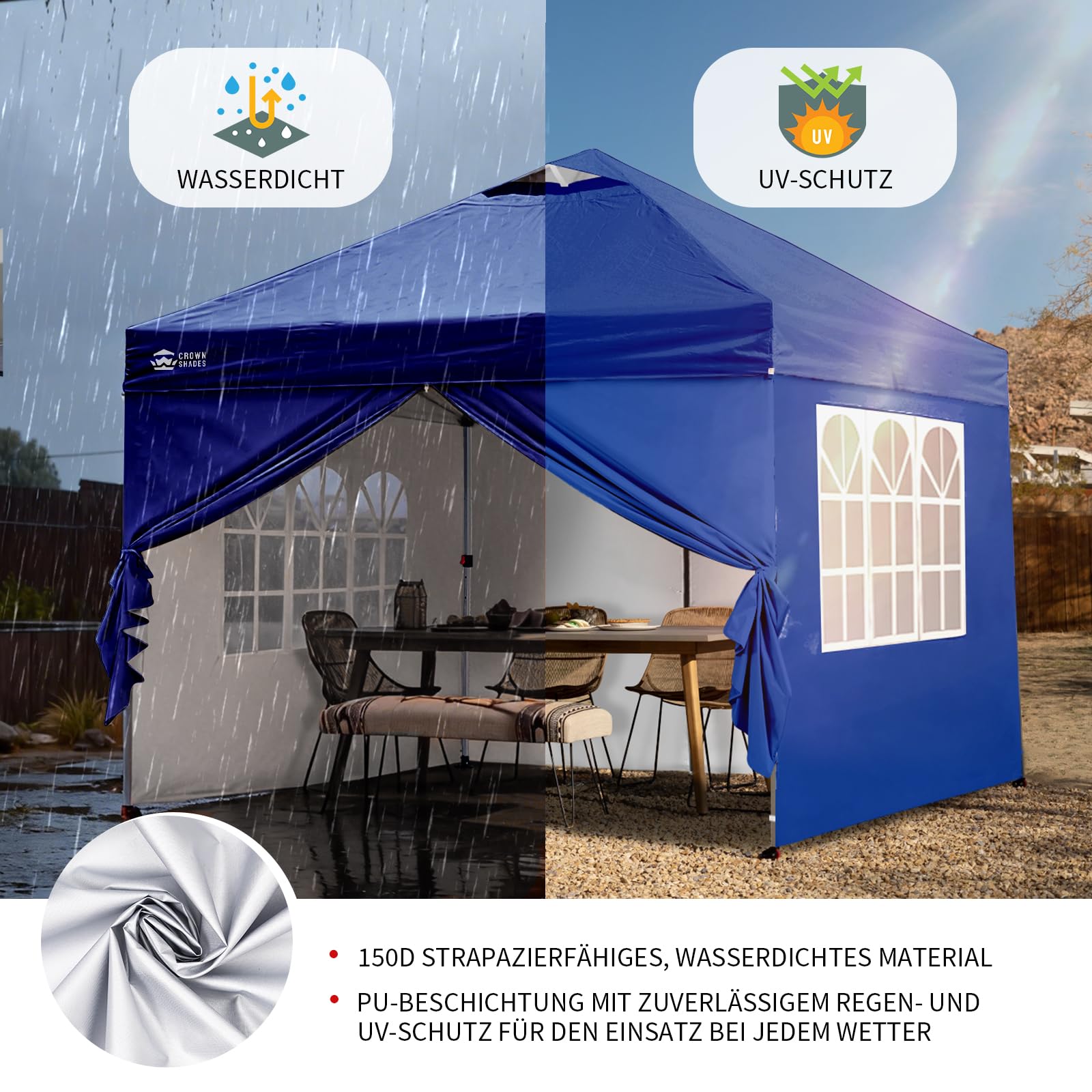 CROWN SHADES Pavillon 3x3 Wasserdicht Stabil Winterfest mit 4 Seitenteilen, Pop up Gartenpavillon UV Schutz 50+, Partyzelt Für Outdoor Camping, 3-Fach Höhenverstellbar, Pavillion mit Tragetasche