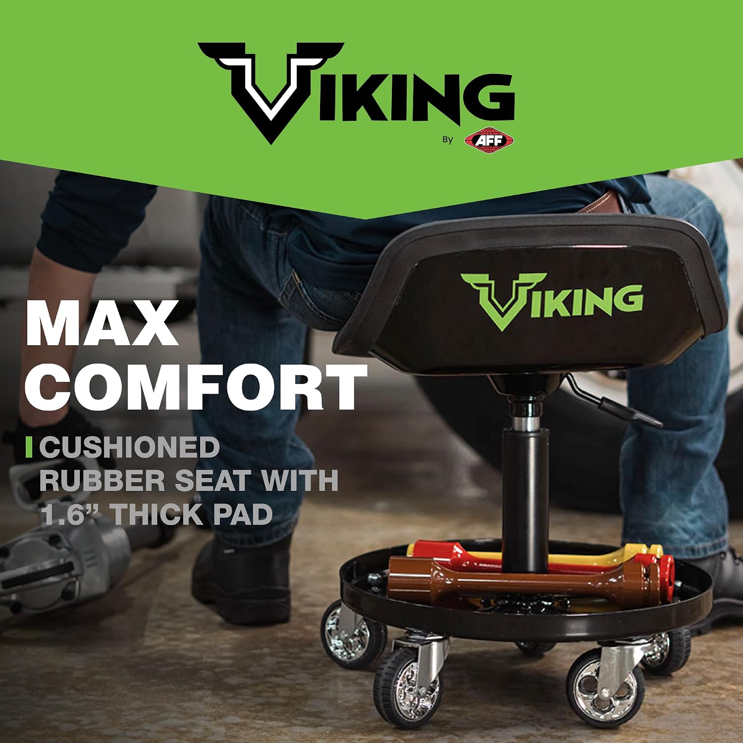 AFF Viking Rolling Shop Stool - Garage Stool on Wheels for Mechanics - Ergonomic Padded Seat - Tool Organizer Tray - 300 lbs Capacity (Multiple Styles)