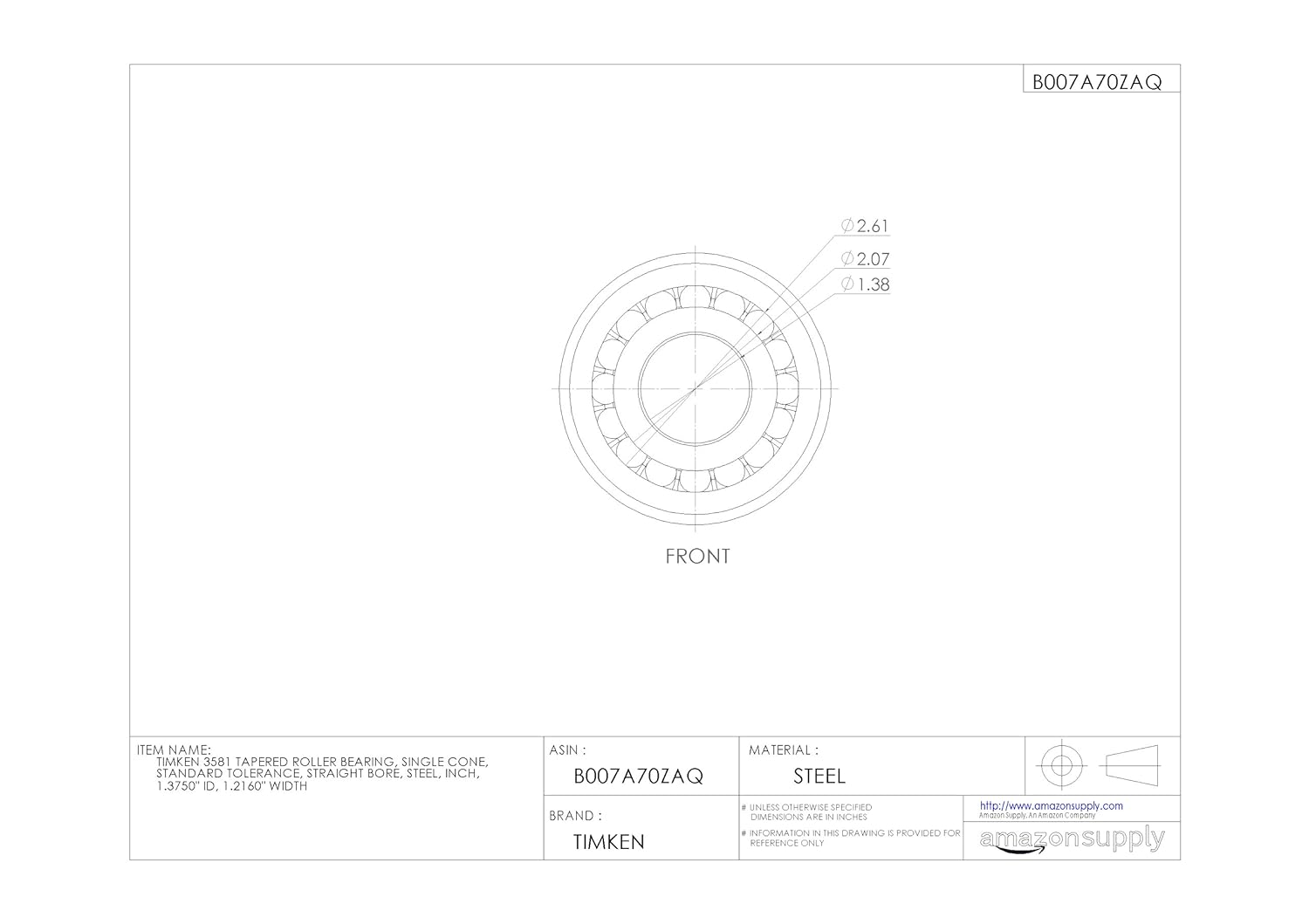 Timken 3581 Tapered Roller Bearing, Single Cone, Standard Tolerance, Straight Bore, Steel, Inch, 1.3750" ID, 1.2160" Width