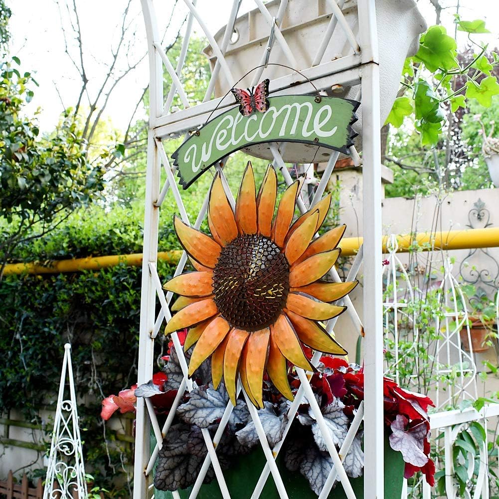 Attraction Design Flower Garden Stake Decorative Flower Yard Stake and Welcome Sign Set, Sunflower Decor Metal Yard Art Decor Outdoor Garden Decoration for Patio Porch Lawn Pathway Backyard