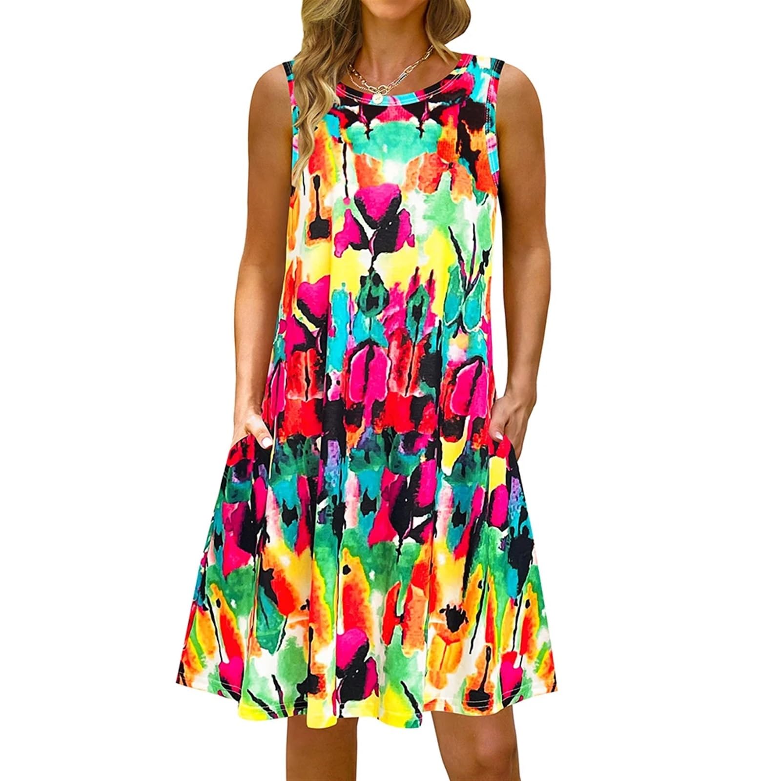 Vestito Estivo da Donna Abito Lungo da Spiaggia Stampato colorato con Scollo a O, Casual, Senza Maniche, Donna, Estivo, Prendisole, Viaggio, Tasca, Camicia Festa