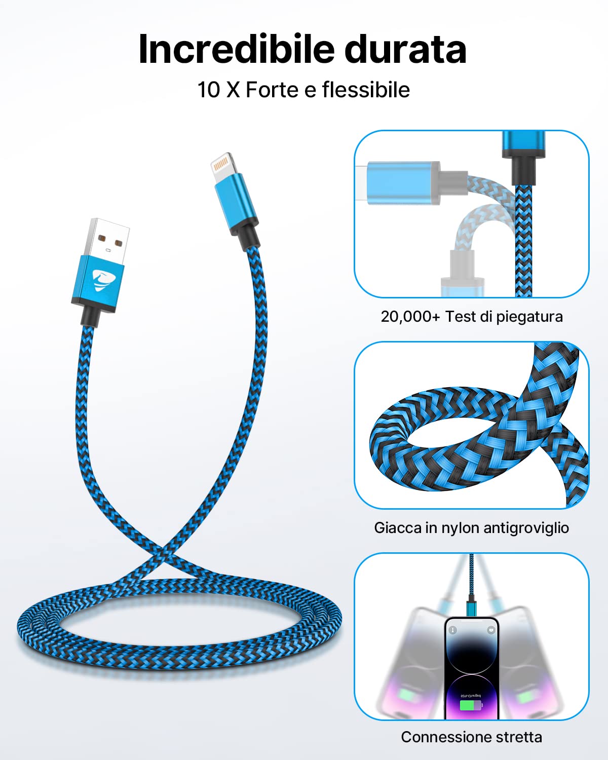 Yosou Cavo iPhone [1 Metri 3Pezzi] Cavo Lightning Usb Certificato MFi Cavetto iPhone Filo Caricatore Carica Rapida Caricabatterie Nylon per iPhone 14 13 Pro Max 12 11 XR XS X 8 7 6s 6 Plus SE iPad