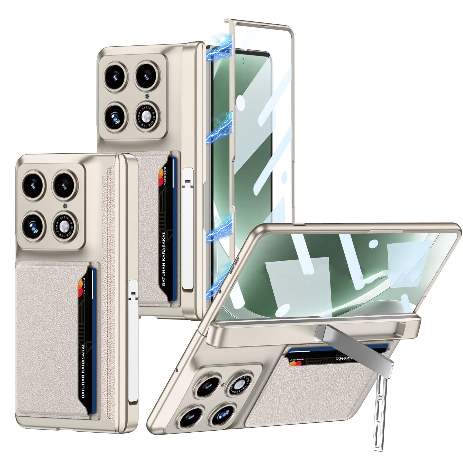 FDUJINH Kickstand Case for Moto Razr Fold, with Card Slot Adjustable Holder Screen Protector Hinge Anti-Scratch All -Inclusive Shell,Silver,Fold