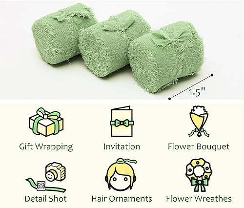 Miniatura 3 de Cinta de gasa de 24 yardas, 3 rollos de 1.5 pulgadas x 4 yardas, cinta de seda con flecos, hecha a mano, rosa rubor, marfil, juego de cintas para