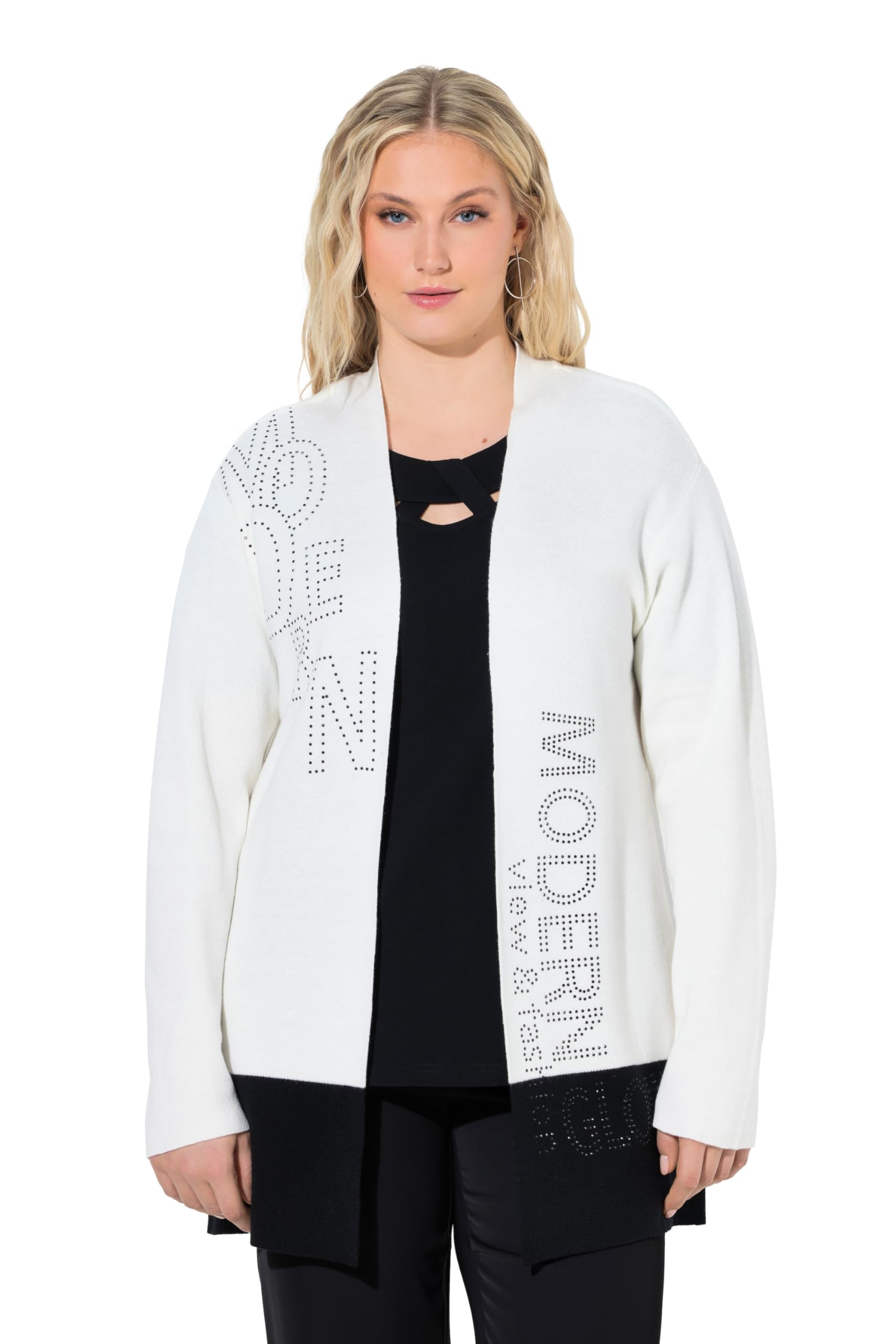 Ulla Popken Damen große Größen Übergrößen Plus Size Strickjacke, Schriftmotiv, Kelchkragen, 3/4-Arm 848142