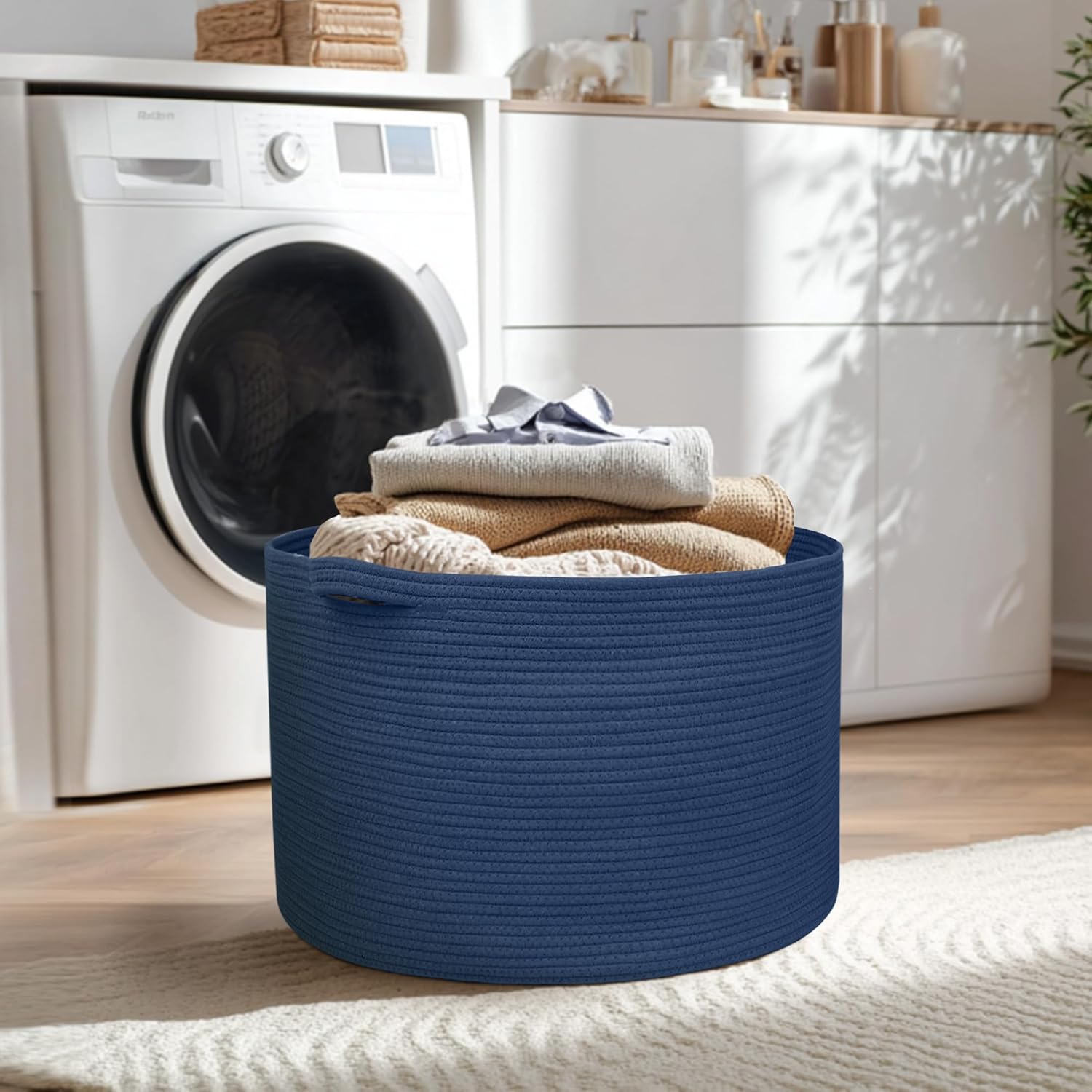 115L Dark Blue Basket for Organizing, 23.6" x 15.7" XXXL Woven Cotton Rope Laundry Basket, Oversized Blanket Storage for Living Room Bedroom, Kids Toy Box Organizer, Pool Towel Storage Bin