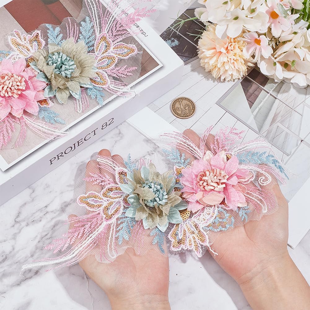 2Pcs Pink Flower Applique Embroidery Polyester Beaded Lace Appliques 3D Floral Sequin Embroidered Sew on Tulle Patches for Sewing Making Crafts Clothes Gown Wedding Bridal Accessories Supply