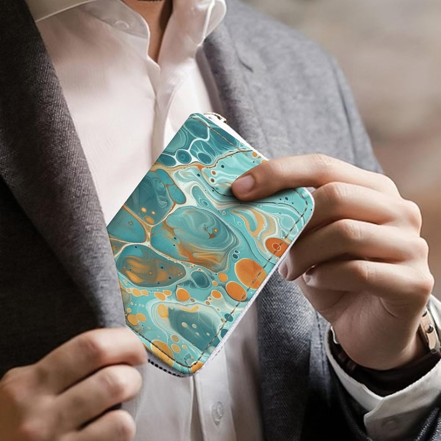 Leather Card Organizer Case Card Wallet Credit Card Holder Orange And Turquoise Printed Zipper Card Cases Holder for Women Men